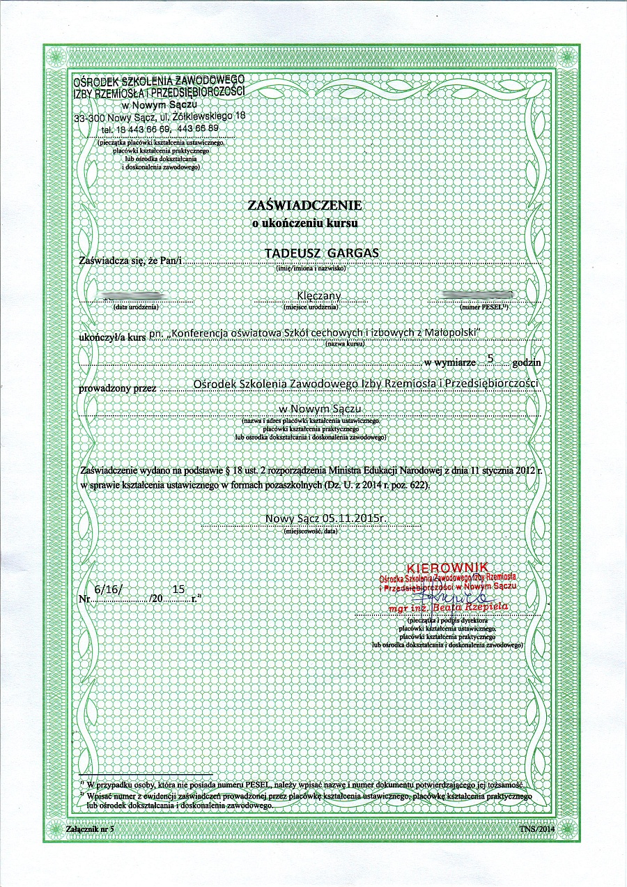 Zaświadczenie o udziale w konferencji oświatowej p. T. Gargasa