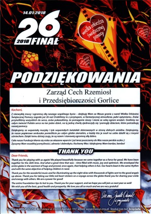 Podziękowanie Fundacji Wielkiej Orkiestry Świątecznej Pomocy 2018