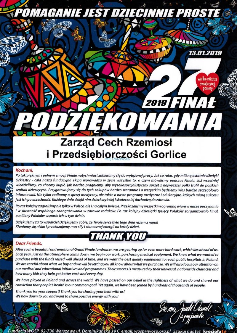 Podziękowanie Fundacji Wielkiej Orkiestry Świątecznej Pomocy 2019